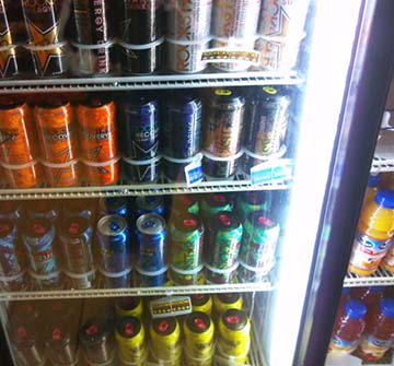 Energy drinks are readily available alongside sodas and fruit juice.