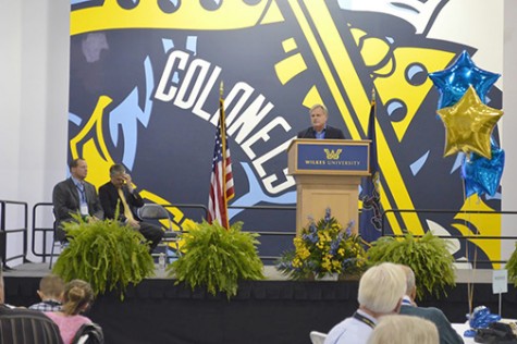 Dr. Paul Adams, vice president of student affairs, addresses the crowd and thanks attendees for not only being a part of Wilkes Athletics, but sporting Colonel pride to this day.