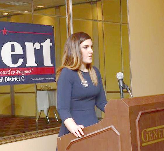 Beth Gilbert addresses an audience of supporters during her recent campaign. Gilbert is a senior political science major with minors in international studies, policy studies and women’s studies. In high school, she participated in junior council, which sparked her interest in local government. Gilbert ran on a platform of combating crime and blight, increasing accessibility as an elected official and focusing on all parts of her territory.