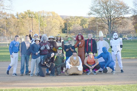 Players of Wilkes baseball gathered together for a fun photo on Friday afternoon after playing a game against one another dressing up in the spirit of Halloween.