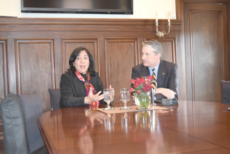 Marcela Parades de Vasquez, minister of education of the Republic of Panama, speaks with Wilkes University President Patrick Leahy and community members. Parades de Vasquez visited the campus last week to sign an education agreement with the university.