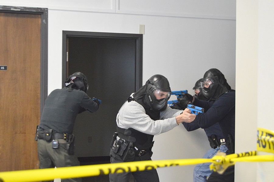 Wilkes Public Safety officers and local police officers join forces to complete the Advanced Law Enforcement Rapid Response Training (ALERRT) on January 18 and 20. Officers particpated in classroom theory and then particpated in simulation situations. Officers cleared rooms and checked the status of the other officers. 