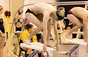A member of the Wilkes men’s swim team prepares for his event at the Middle Atlantic Conferencse championships this past weekend.