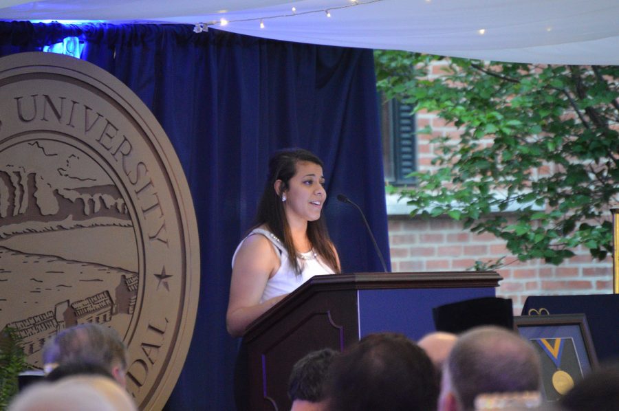 Youstena Zaki speaks at the Third Annual Wilkes University Founders Gala upon receiving the First Generation Scholarship. 