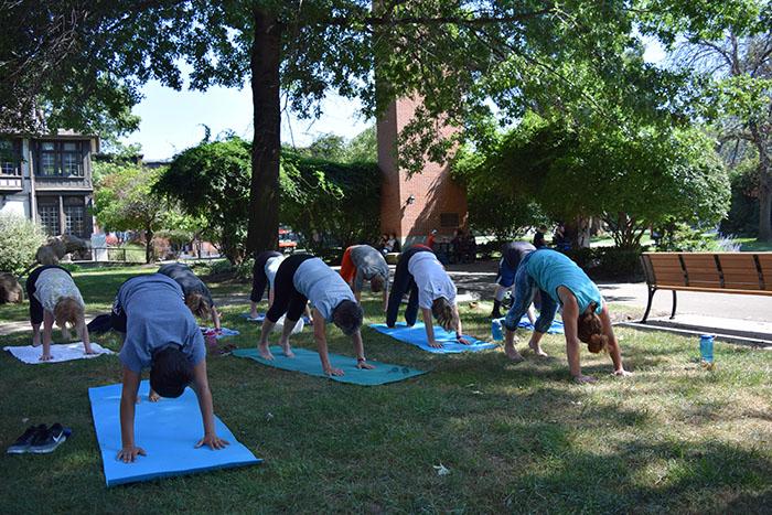 Participants begin stretching during the outdoor yoga session.