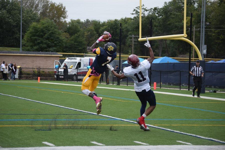 Senior defensive back (#7) Marcellus Hayes denies FDU-Florham with an interception.