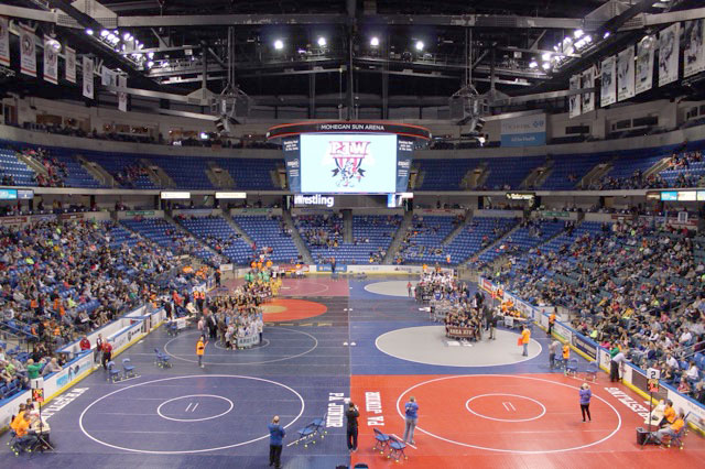 The Pennsylvania Junior Wrestling Youth Championships coordinate eight mats.