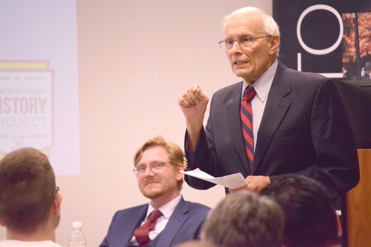 Dr. Thomas Baldino speaks at a panel discussion exploring the removal of historic monuments.