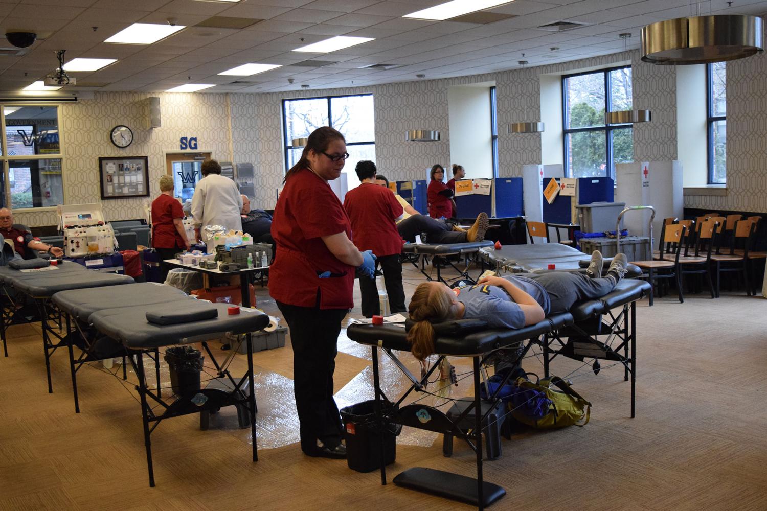 A student gets blood taken at a February 2017 blood drive held by Wilkes University and the American Red Cross.