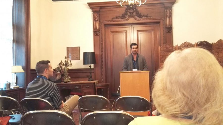 Dr. Sean Kelly, one of the faculty advisors for the Manuscript Society, read an autumnal poem called “Fall” by Dennis Tucker, a former writer at Wilkes University.