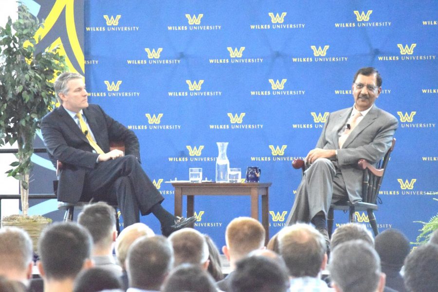 Wilkes University President Patrick Leahy and Jay S. Sidhu discuss Sidhu’s life and success at the well attended Q & A on Oct. 17.  