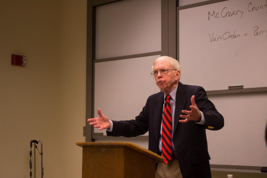 Dr.+Donald+Grier+Stephenson%2C+former+professor+of+political+science+with+a+specialty+in+constitutional+law+and+current+Charles+A.+Dana+Professor+of+Government%2C+Emeritus%2C+at+Franklin+and+Marshall+College%2C+discussed+the+Establishment+Clause+of+the+First+Amendment+at+Wilkes+on+Nov.+9.%0A