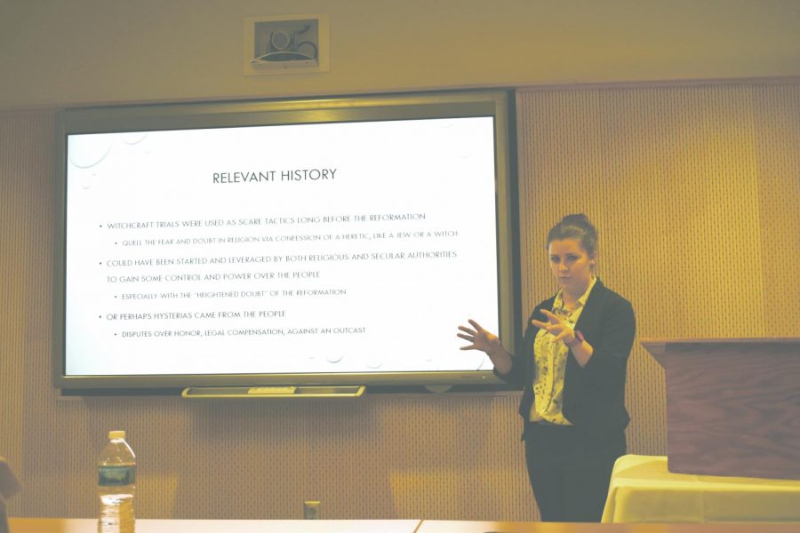 Courtney McMonagle, a senior history major, presented her capstone research project titled “The Magic of Reformation Era Europe: Witchcraft and the Courts.”  The project focused on how different European countries reacted to the witchcraft hysteria. 