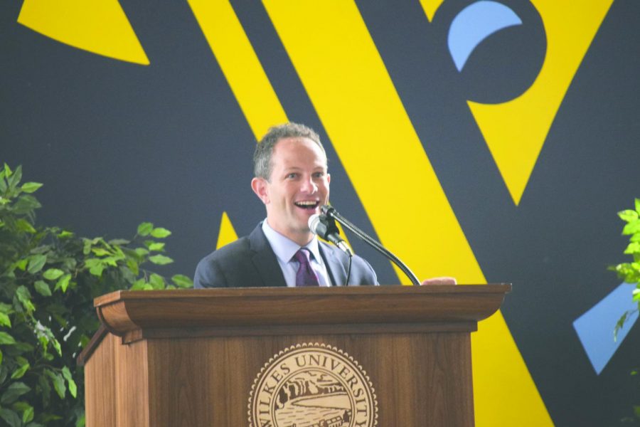 Kenneth P. Vogel was the keynote speaker at the event. He is pictured above delivering his speech, which was held in the McHale Athletic Center. 