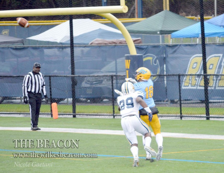 Senior wide receiver Jeff Steeber catches a 19-yard pass in the end zone to put Wilkes on the board, giving them the 7-0 lead in the first quarter.