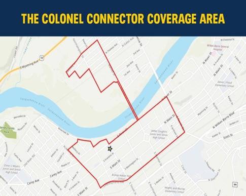 The Colonel Connector coverage area extends throughout the entire Wilkes University campus, as well as into parts of the northern end of Downtown Wilkes-Barre around King’s College.