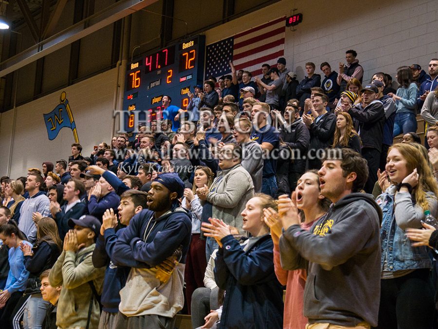 The Wilkes student section rose to their feet in the final minute of the Colonels MAC Freedom semifinal win against Eastern at the Marts Center on Feb. 21.