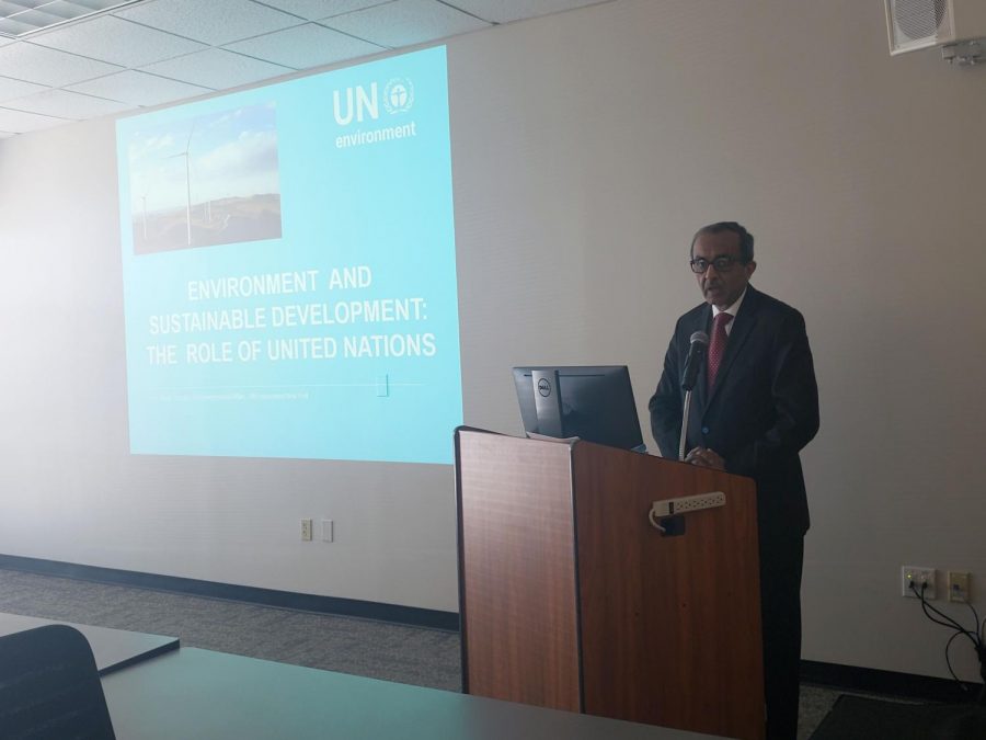 Jamil Ahmad,  head of intergovernmental affairs at the New York office of the United Nations Environmental Program, presented a climate change lecture from the perspective of a government official.