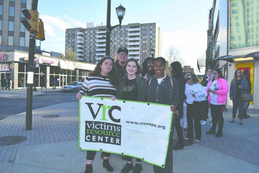 Wilkes University students leading the walk from campus: (left to right) back row: Rebecca Glaude and AJ Correa; front row: Melissa Ruth, Sarah Weynard and Umou Jalloh.