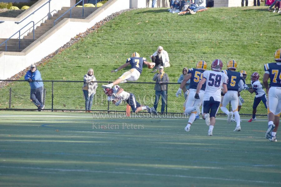 Senior wide receiver Derek Nelson hurdled over an FDU defensive back for his second touchdown of the game.
