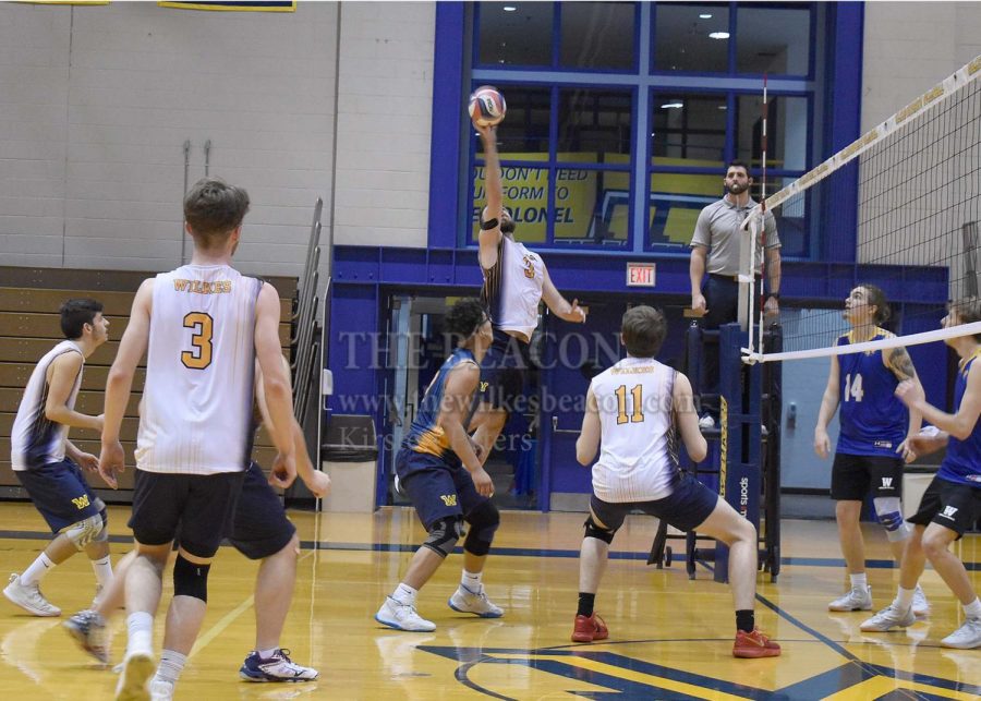 Junior outside hitter Andrew Potter (9) led Wilkes’ second match of the night against Widener with 14.5 points and 12 kills. 

