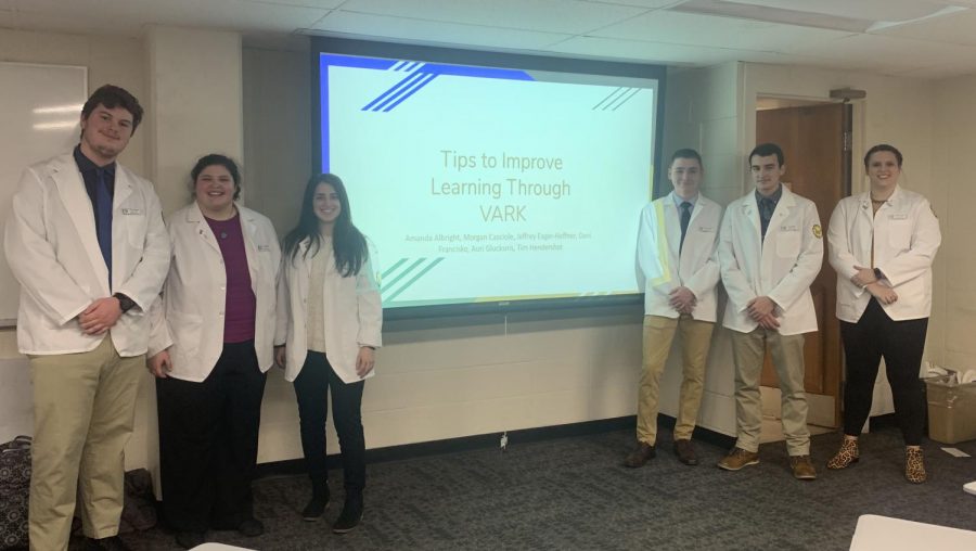 From left to right, P1 pharmacy students Timothy Hendershot, Amanda Albright, Morgan Casciole, Jeffrey Eager-Heffner, Auri Glucksni and Dani Francisko after giving their presentation on learning styles.