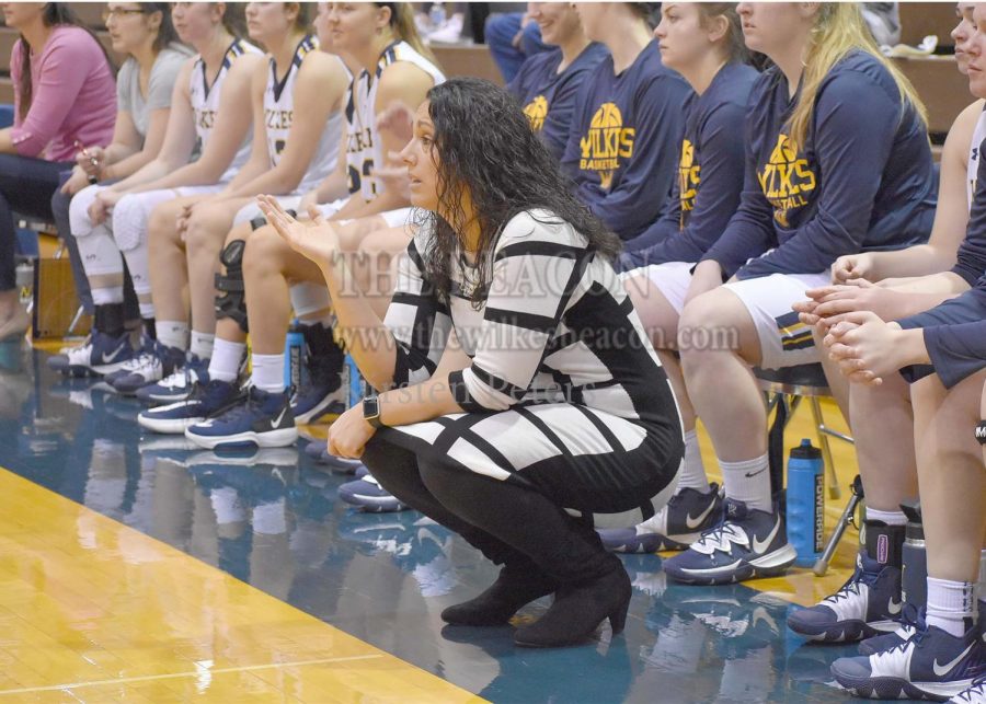 Wilkes coach Tara Macciocco questions a call during the Colonels loss to Eastern on Saturday.