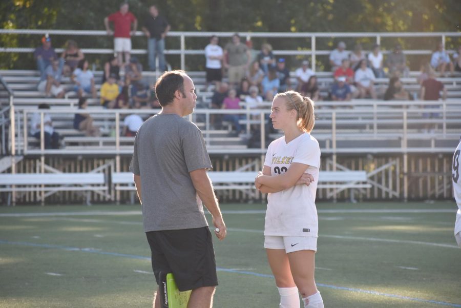 McNichol instructed forward Jessica Egan, one of last year’s captains, during their Sept. 21, 2019 contest against No. 19 Arcardia.