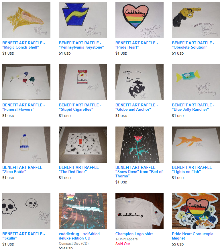 The band will be raffling off the paintings that member Frazee Sutphen created in honor of the event on their Bandcamp page (https://cuddledrug.bandcamp.com/merch). The winners of the raffle will be chosen during the Saturday livestream, which will begin at 4 p.m. on their Instagram account @cuddledrug.