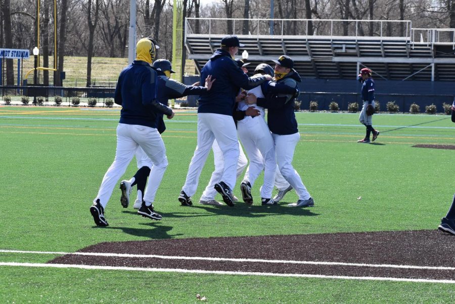 Colonels rushed the field to celebrate with Jonah Harder, who reached first base on an error in the bottom of the ninth inning in game one to score the walk-off run. Wilkes won 7-6 in extra innings against FDU-Florham in game one. 