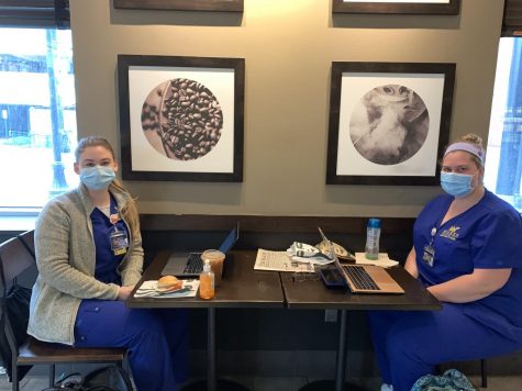 Nursing majors Jessica Congdon and Paige Coombs enjoy the returned seating in Starbucks.