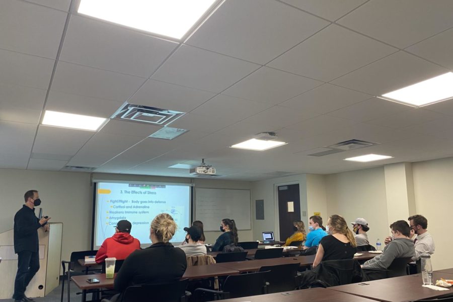 Students enjoyed various kinds of pizza while they listened to Dr. Edward Schicatano give an hour long presentation
on understanding what stress is and how students can overcome it while they are in school.