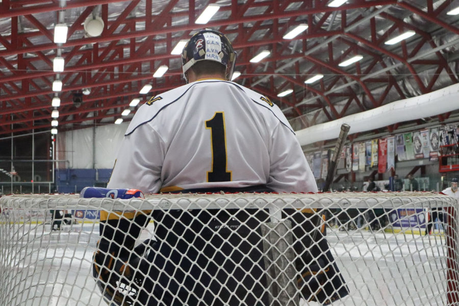 Garrett Nieto in goal for the Colonels during his record-breaking game on Feb. 11.