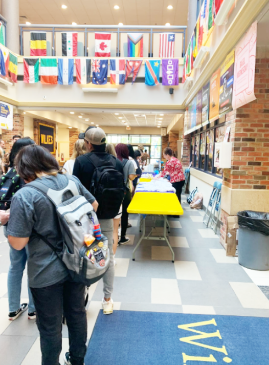 Students lined up on the first floor of the SUB before club hours to get their
milkshakes.