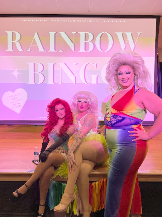 FROM LEFT TO RIGHT: Teakillya Divine, Memphis Divine and Cookie-Doe.
The drag queens began the event with a show featuring lip-synching before leading the crowd through several rounds of bingo.