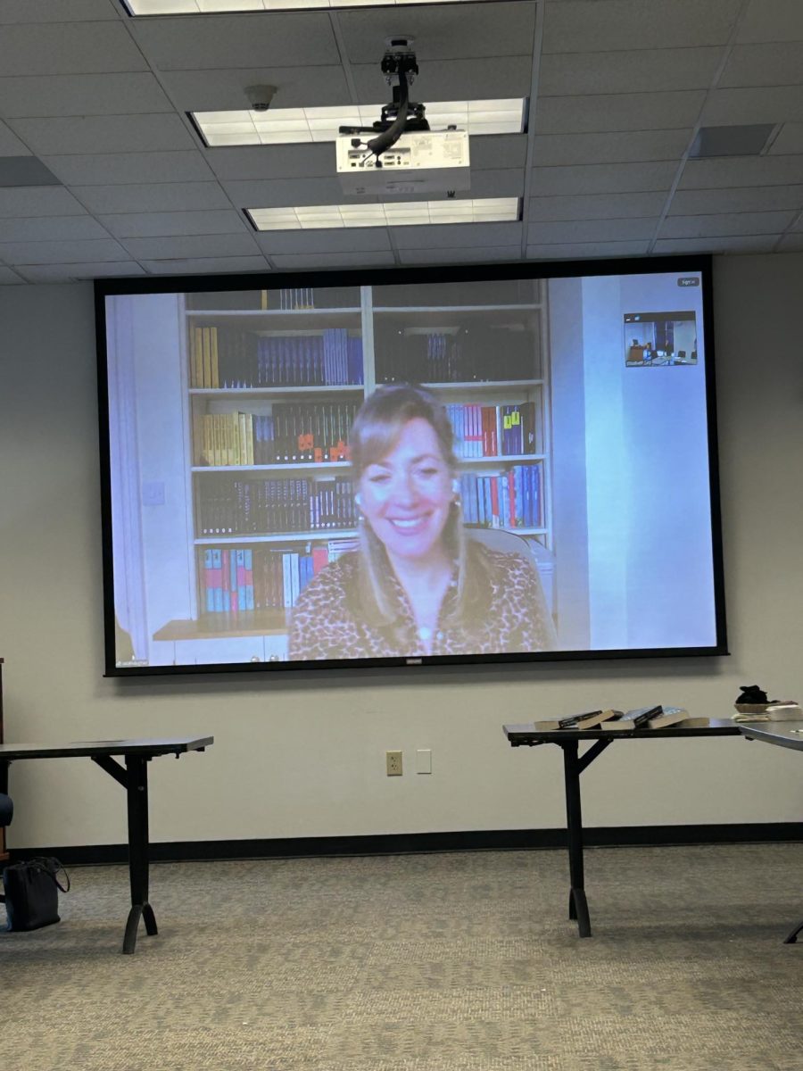 Author Sarah Vaughan speaks to attendees via Zoom.