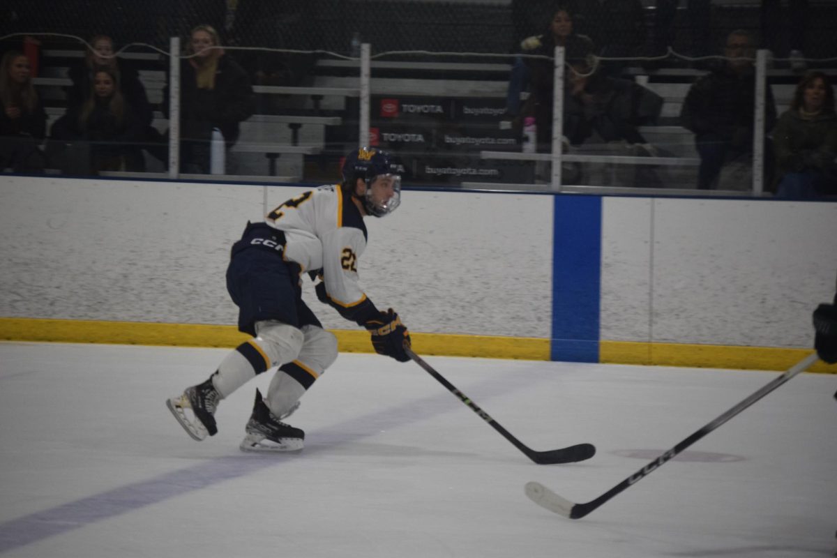 Cam Lowe carries the puck into the neutral zone.