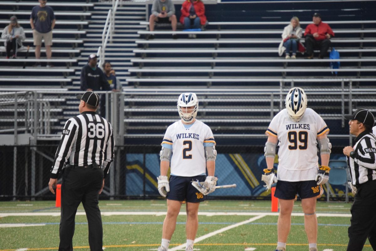 Anthony DiFrancesco (left) and Tim Hartka (right) line up prior to Wilkes' game against King's College. 