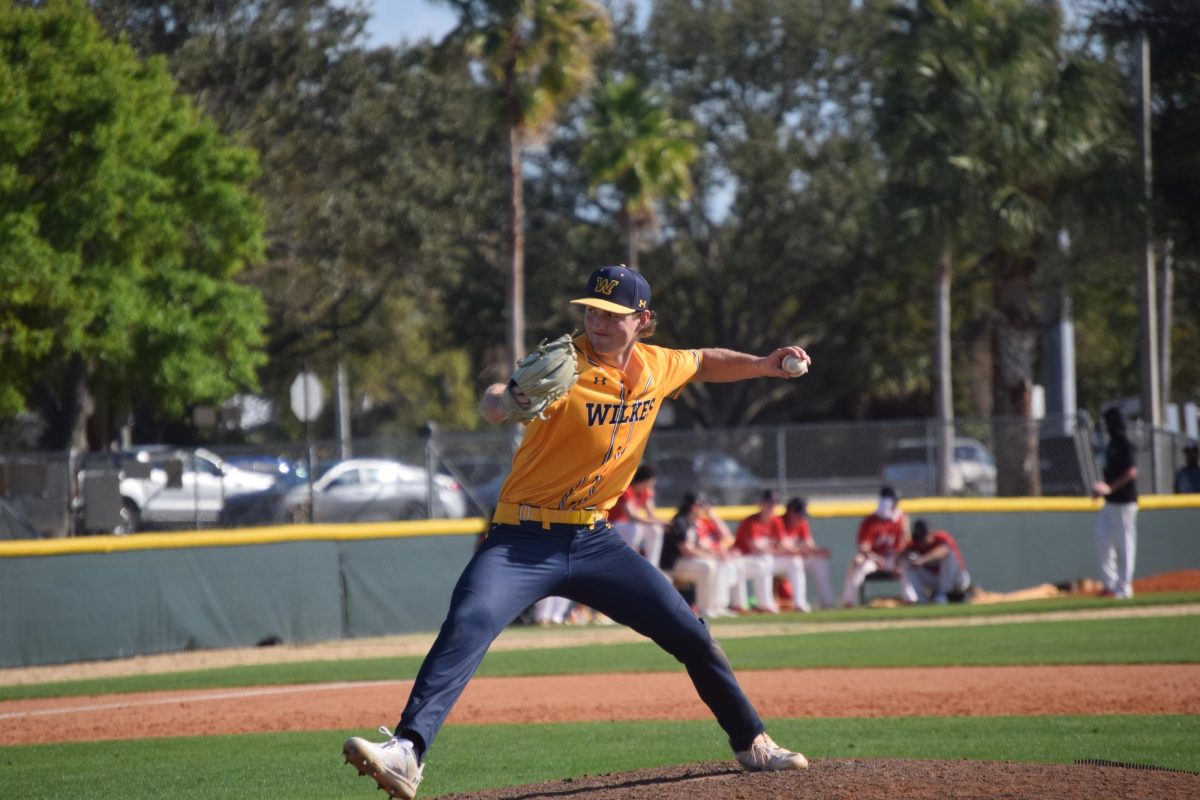 Colonels pitcher/outfielder Jack Veith on the mound against Albright in Fort Pierce, FL.